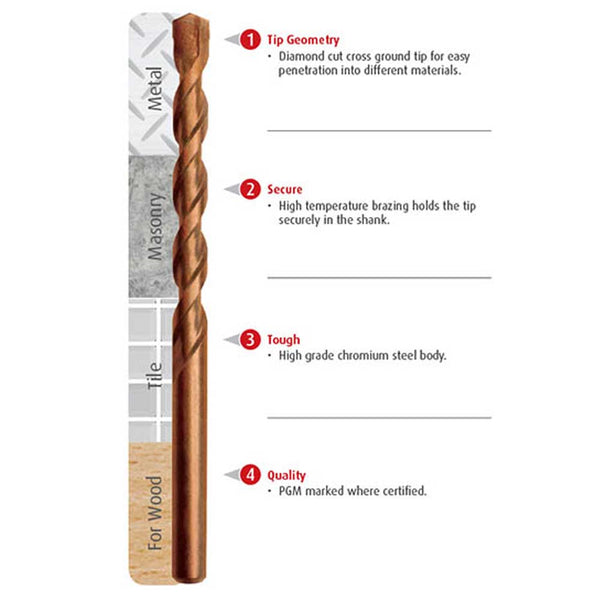 Kombi TCT Multi Purpose Drill Bits with Straight Shank
