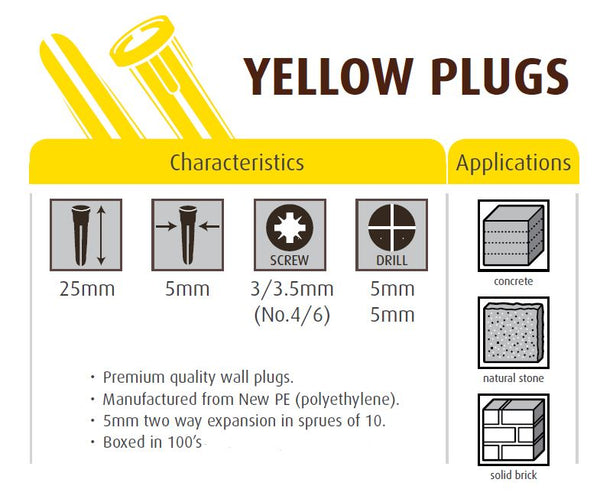 Yellow Expansion Wall Plug (5.0mm) - (Qty 100)